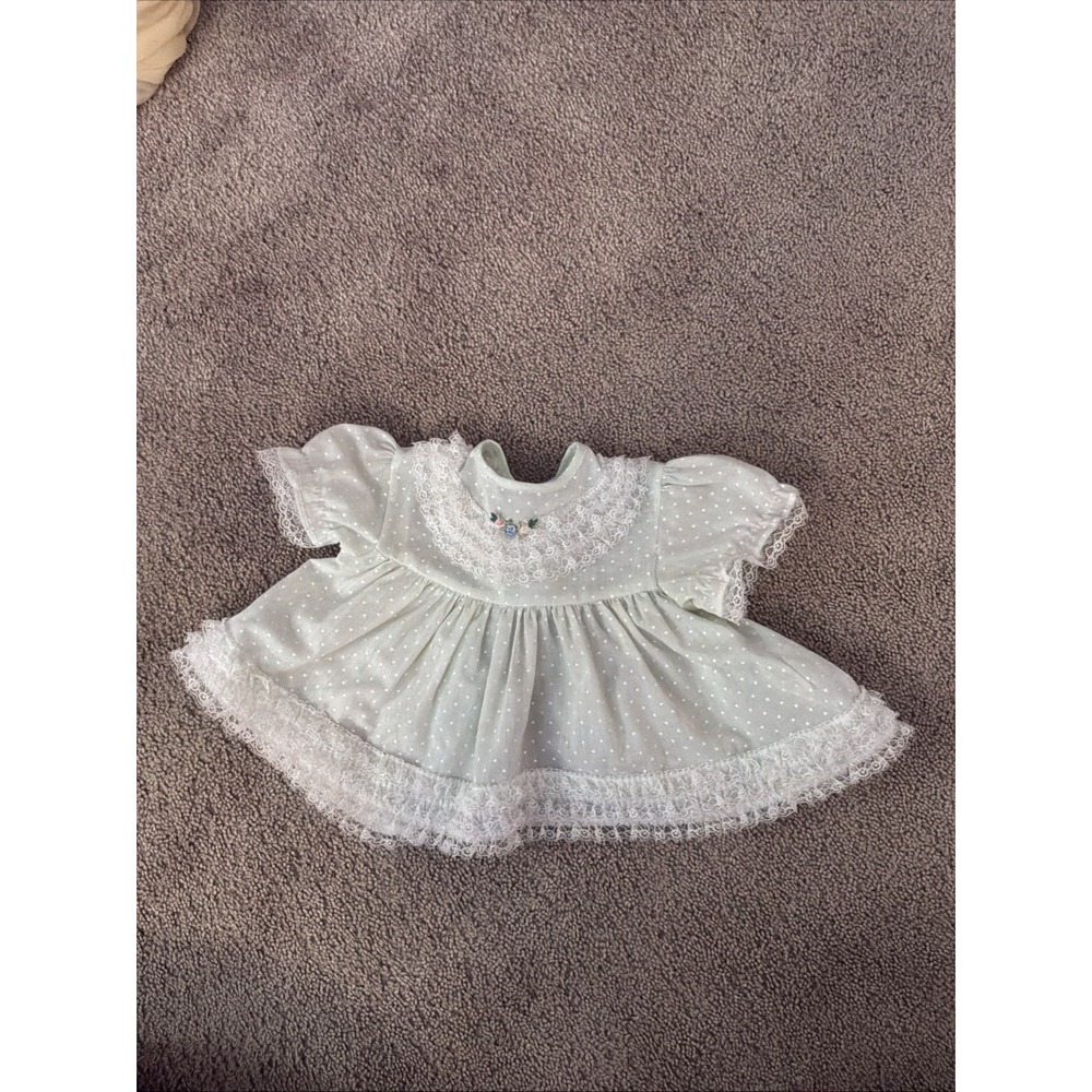 Vintage Cutest One USA Infant Pale Green ‎ Laced Dress  0-6 months Or Doll Dress